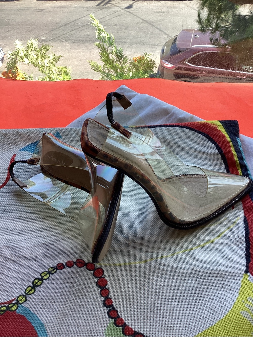 Lemonade Clear PVC sling  back pump with Leopard Trim and Nude Insole
